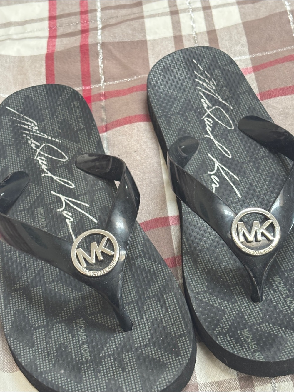 Michael Kors Black Logo Jelly Flip Sandals with Gold MK Emblem